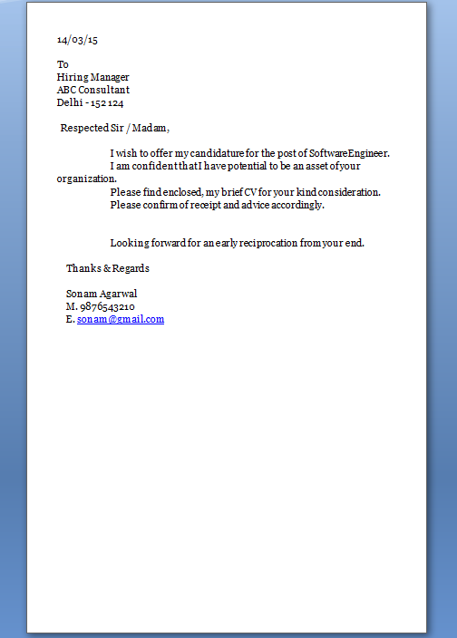 Job application cover letter email